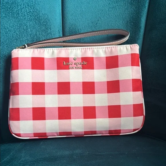 Kate Spade Red and Pink Checkered Wristlet - Picture 1 of 6